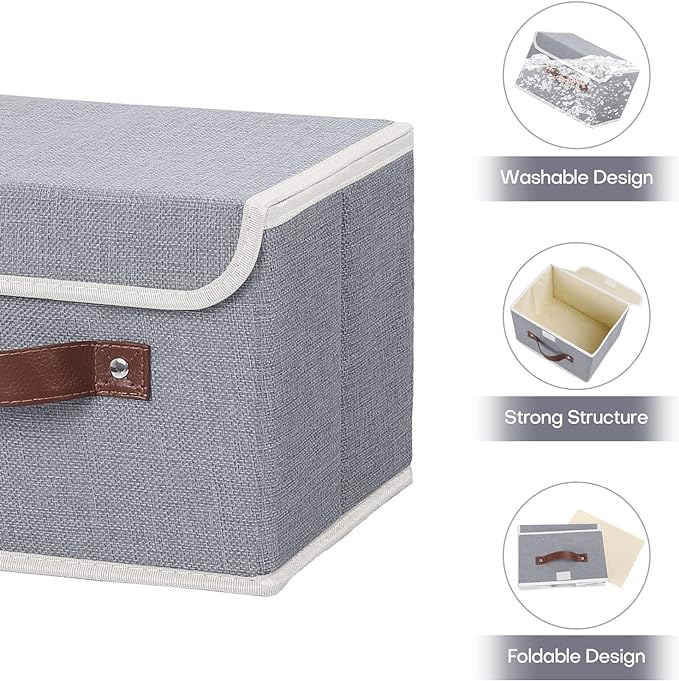 ANMINY 2PCS Storage Bins with Lid PU Leather Handles Storage Boxes PP Plastic Board Decorative Foldable Lidded Cotton Linen Fabric Home Cubes Baskets Closet Organizer Containers - Gray, Small Size