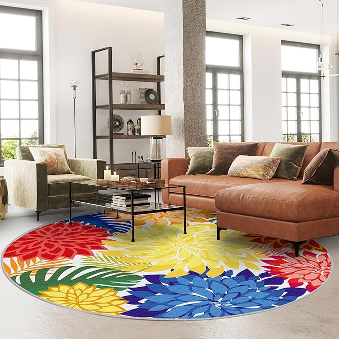 Indoor Outdoor 6FT Round Area Rug Washable Rugs Multicolored Patio Rug Tropical Botanical Modern Floral Indoor Outdoor Round Carpet Non Slip for RV, Pool Deck, Backyard, Porch