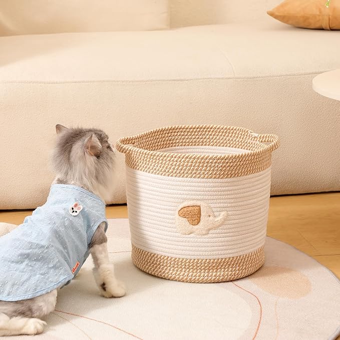 INough Toy Storage Baskets Woven Cotton Rope Storage Basket for Kids, Blanket Baskets for Living Room Toy Basket Box Toys Organizer with Embroidery Decor Cute Baskets for Nursery, Playroom (Elephant)