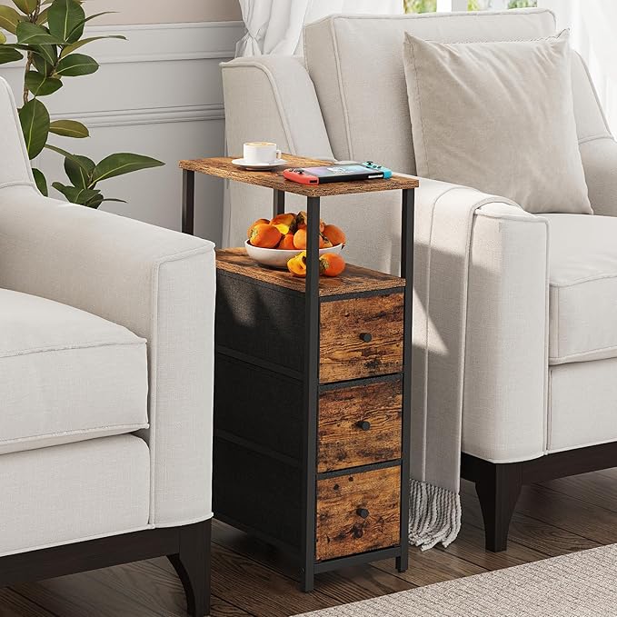 TUTOTAK Narrow Night Stand, Slim End Table, Tall Side Table with 3 Fabric Drawer, Small Bedside Table with Storage, Set of 2, for Living Room, Bedroom, Brown TB01BB072