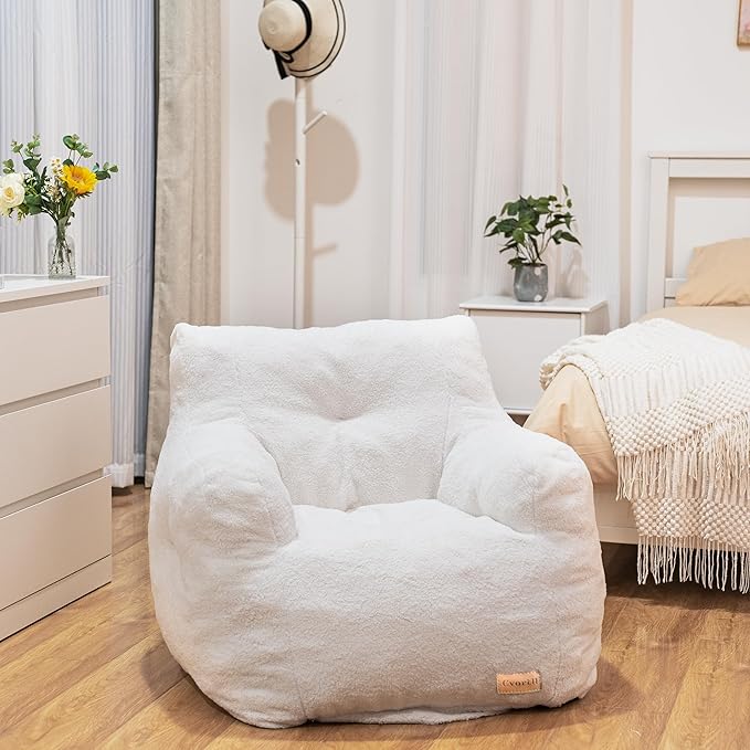 Bean Bag Chair with Filler, Bean Bag Sofa with Tufted Soft Stuffed Filling, Fluffy and Lazy Sofa, Comfy Cozy BeanBag Chairs with Memory Foam for Dorm, Apartment, Living Room (White)