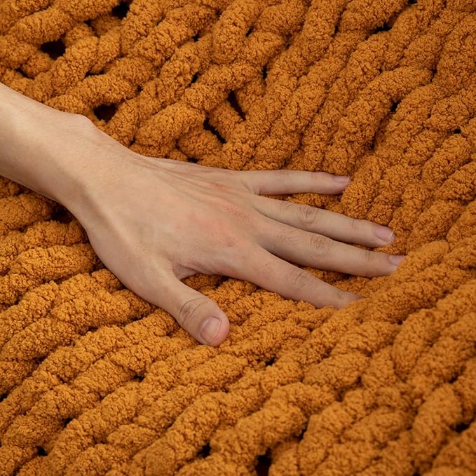 WESHIONGOO Chunky Knit Blanket Throw 50"×60" Knitted Throw Blankets for Couch Bed Fall Throw Blanket Fluffy Soft Blanket with Jumbo Chenille Yarn Thick 100% Handmade (Burnt Orange)