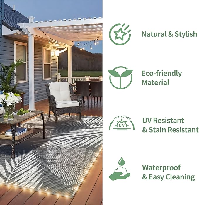 GENIMO Outdoor Rug 6' x 9' Waterproof for Patios Clearance, Reversible Outdoor Plastic Straw Camping Rug Carpet with LED String Light, Area Rugs Mats for RV, Camper, Deck, Balcony, Porch, Grey&White