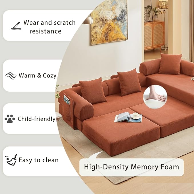 107" Oversized Convertible Sleeper Sofa Bed, Corduroy L Shape Sectional Couch, Folding Sofa Bed with Side Pocket, Modern Cloud Floor Mattress Couch, Modular Sofa for Living Room, Orange