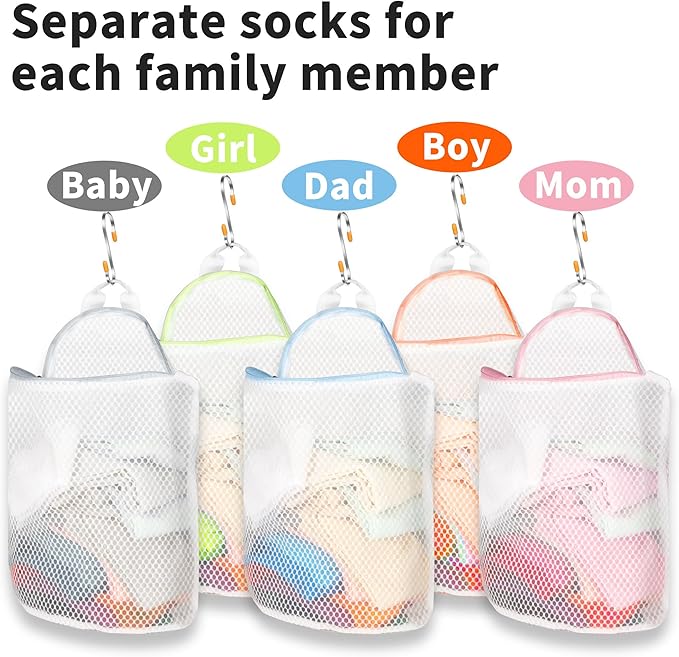 5Pcs Hanging Laundry Bags for Socks with S Hooks, 5 Color Mesh Laundry Bags for Washing Machine