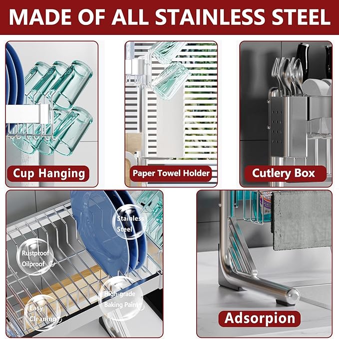VNKZI Over Sink Dish Drying Rack, 2 Tier Full Stainless Steel Storage Adjustable Length (25.98'' to 36.61'') Kitchen Rack, Multifunctional Expandable Counter Organizer, Space Saver Dish Rack