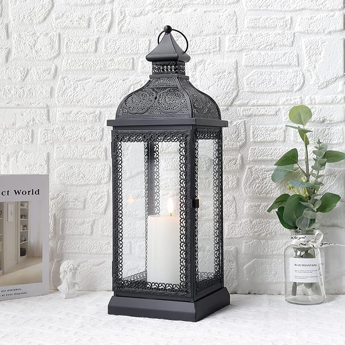 TRIROCKS Rustic Style Metal Candle Lantern 19'' High Decorative Hanging Lantern Candle Holder with Tempered Glass for Christmas Living Room Garden Yard Patio Parties Events Indoors Outdoors(Black)