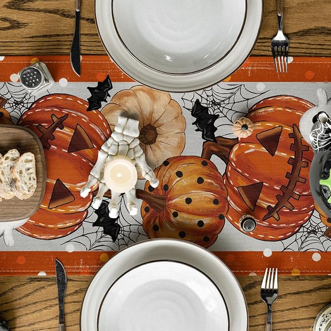 Artoid Mode Orange Jack-O'-Lantern Pumpkin Ghost Halloween Table Runner, Holiday Kitchen Dining Table Decoration for Home Party Decor 13 x 72 Inch
