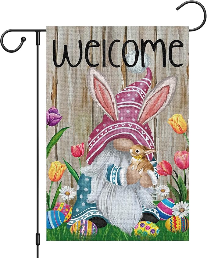 Welcome Easter Gnome Garden Flag 12x18 Double Sided Burlap, Funny Bunny Floral Small Yard Flag Banner for Holiday Farmhouse Outdoor Decor (ONLY FLAG)