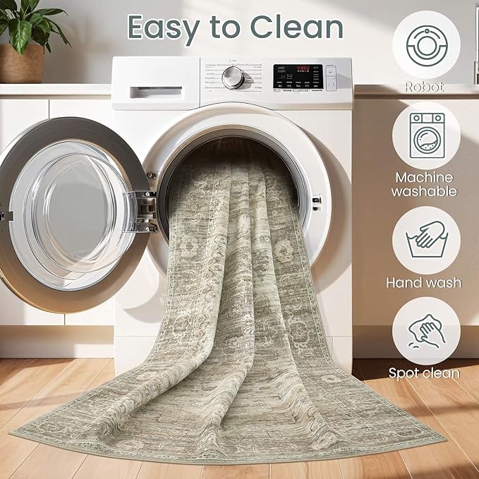 Washable Area Rugs for Living Room -8x10 Neutral Vintage Distressed Floral Farmhouse Boho Large Soft Floor Rug Indoor Non Slip Carpet for Living Room Bedroom Dining Room Office - Brown/Tan