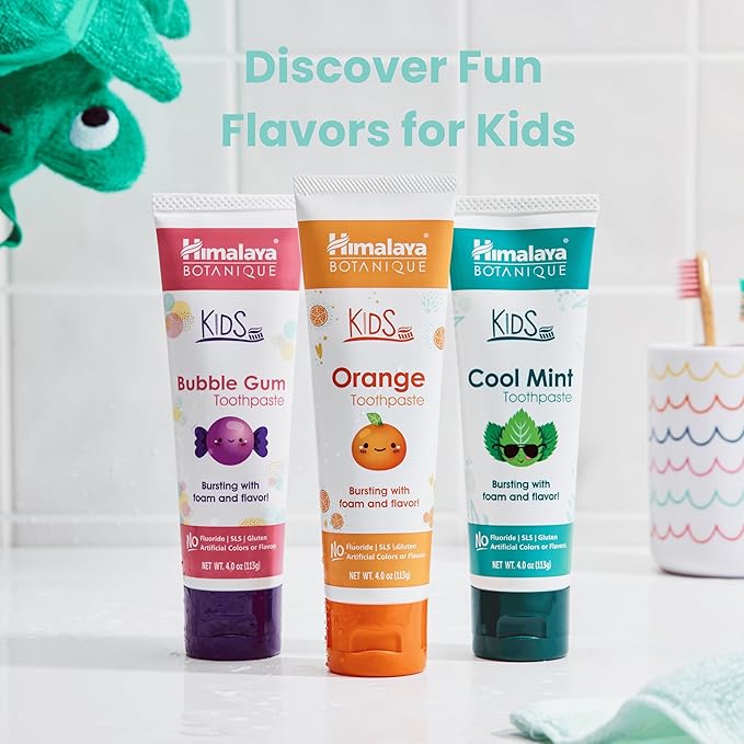 Himalaya Botanique Kids Toothpaste with Xylitol, Variety Pack of Bubble Gum, Orange & Cool Mint - Fluoride Free Toothpaste - Vegan, Gluten Free, No Artificial Flavors or Colors, 4 oz (Pack of 3)