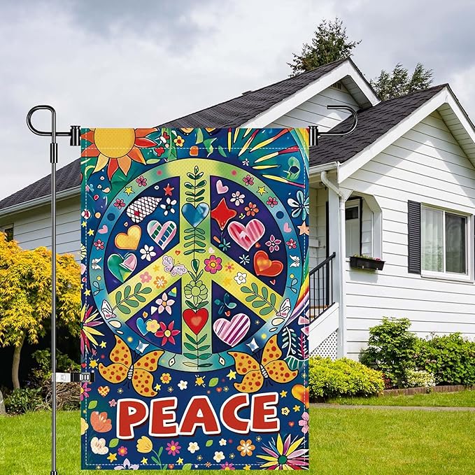 Peace Garden Flag Butterfly Flowers Art Garden Yard Flags Double Sided Colorful Farmhouse Holiday Decorative Yard Flag, Porch Outdoor Decoration Sign Banner (12X18INCH)