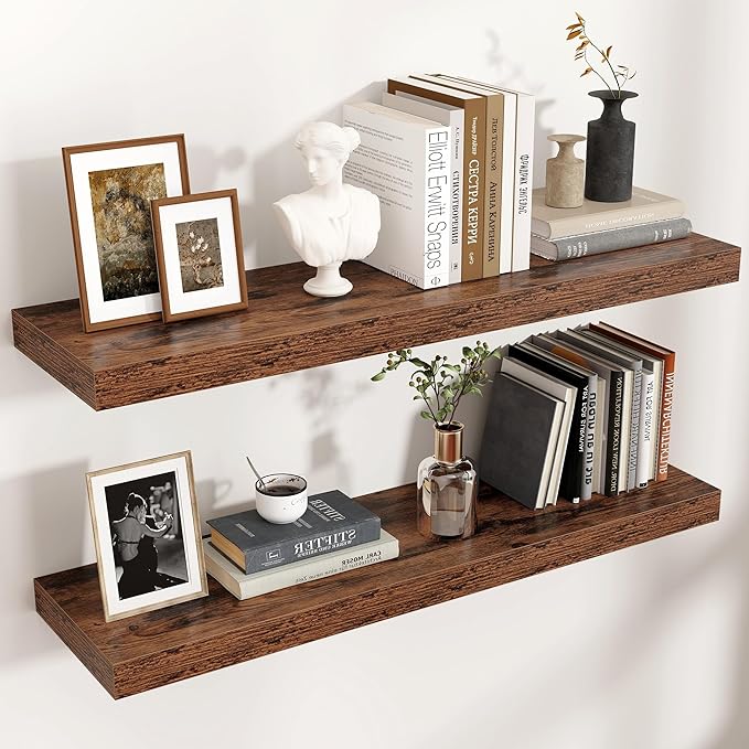 Floating Shelves - 2 Large Wall Mounted Shelves with Invisible Brackets, Long Wood Floating Wall Shelf for Living Room, Bedroom, Kitchen (Brown, 36" W x 9" D x 1.5" H)