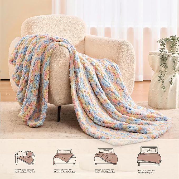 L'AGRATY Chunky Knit Blanket Throw: 60''x80'' Chenille Chunky Knitted Throw Blankets for Twin Bed Couch - Handmade Thick Cable Knit Blanket - Large Crochet Rope Blankets for Home Decor