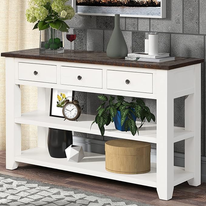 Solid Wood Console Table,Sofa Table with Storage Drawers and Bottom Shelf,Entryway Table for Entry Hallway Foyer Sofa Couch Table,Fully Assembled (48.8" Antique White)