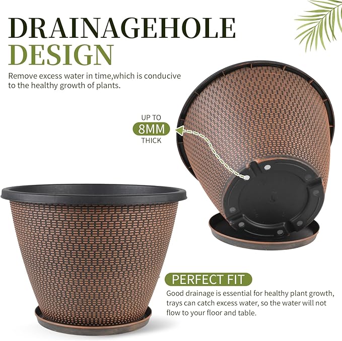 16 inch Plant Pots, Large Planters for Outdoor Plants Set of 4, Round Plastic Flower Pots with Drainage Holes & Trays, Modern Decorative Indoor Garden Pot, Plant Container for House (Black Copper)