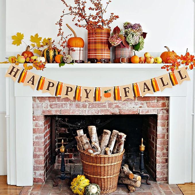 Happy Fall Pumpkin Burlap Pennant Banner Flag Felt Happy Fall Sign and Pumpkin Pattern with Fall Color Ribbon for Fall Autumn Harvest Thanksgiving Day Birthday Baby Shower Party Decorations Supplies