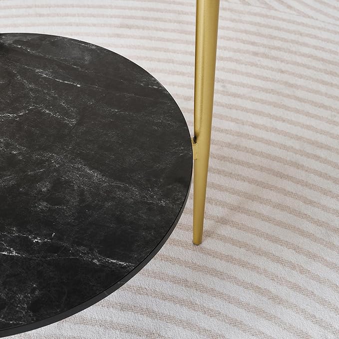 Round Glass End Table, Mid-Century Modern Design Sofa Table for Living Room, D18 x H23 in, 2-Tier Structure, Grey Glass Top and Black Marble Shelf, Sleek Conical Legs with Gold Finish Frame