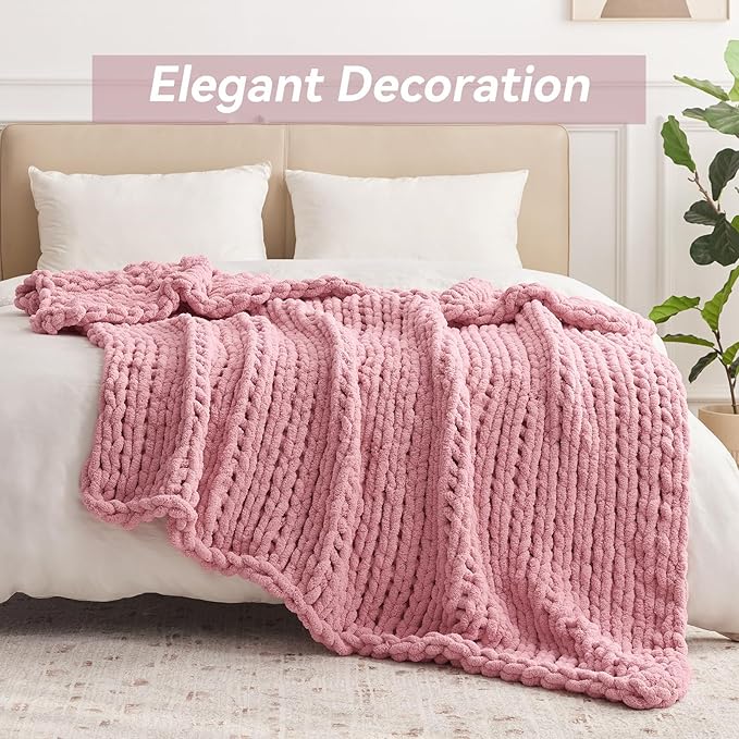 Chunky Knit Throw Blanket, 40''*50'' Knitted Throw Chenille Yarn for Bed Couch, Handmade Light Pink Crochet Big Thick Blanket, Machine Washable Cute Comfy Blanket for Home Decor