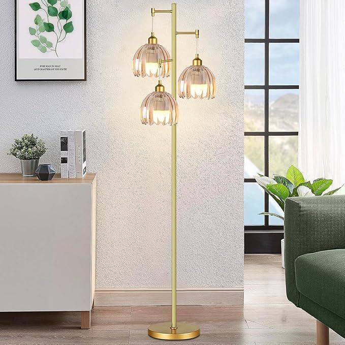 Gold Floor Lamp for Living Room,Bedroom,Tree 3 Light Standing Lamp Mid Century Modern Brass Tall Floor Lamps Vintage Retro Floor Lights Glass Flower Amber Lamp Shade Farmhouse Boho Bohemian