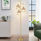 Gold Floor Lamp for Living Room,Bedroom,Tree 3 Light Standing Lamp Mid Century Modern Brass Tall Floor Lamps Vintage Retro Floor Lights Glass Flower Amber Lamp Shade Farmhouse Boho Bohemian