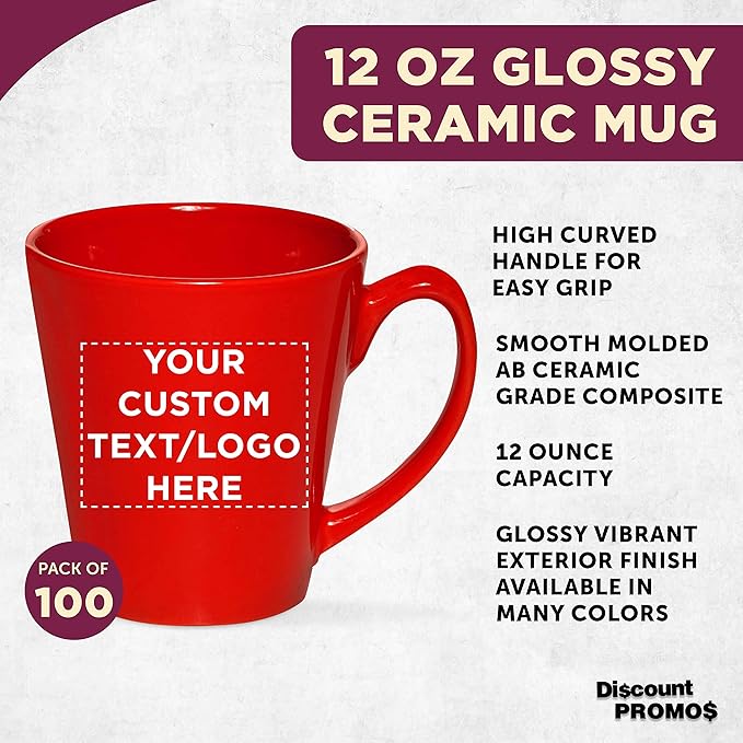 DISCOUNT PROMOS Custom Glossy Ceramic Latte Coffee Mug 12 oz. Set of 100, Personalized Bulk Pack - Perfect for Tea, Espresso, Cappuccino, Hot Cocoa - Red