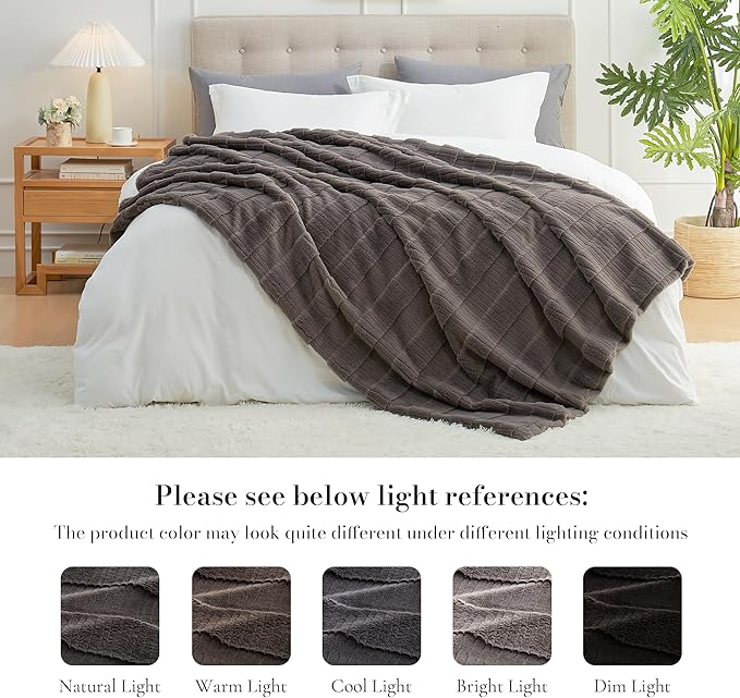 Amélie Home Luxury Striped Faux Fur Throw Blanket for Couch, Embossed Split Fur Cozy Fuzzy Fluffy Luxurious Soft Plush Sofa Chair Bed Gift Blankets for Women Men Wife Friend, 88"x90", Charcoal Gray