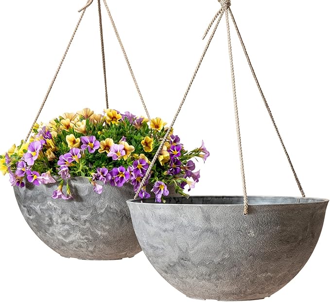 LA JOLIE MUSE Large Hanging Planters for Indoor Outdoor Plants, Hanging Flower Pots Marble Pattern (13.2 Inch,Set of 2)