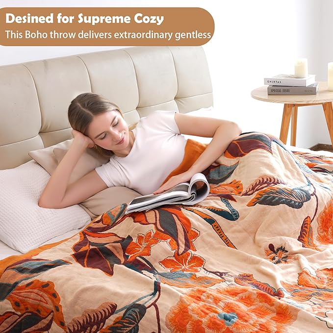 Boho Throw Blanket, 100% Organic Cotton Breathable Soft Lightweight All Season Rustic Bed Throw - Floral Bird Farmhouse Decor Blanket for Sofa Couch Chair Quilt and Gift. 60" x 80"