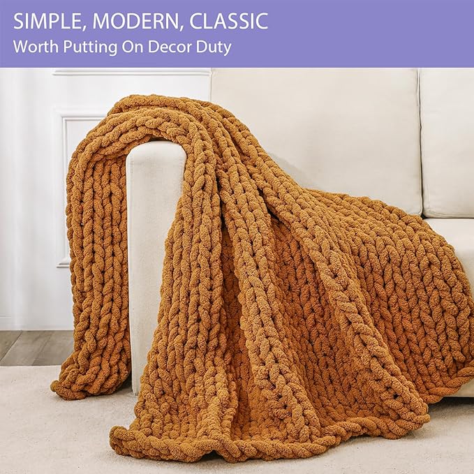 Bigacogo Chunky Knit Throw Blanket for Couch, 51x63 inches, 100% Hand Knitted with Thick Jumbo Chenille Yarn, Cozy Soft Large Rope Knot Cable Crochet Blankets for Sofa Bed Living Room, Burnt Orange