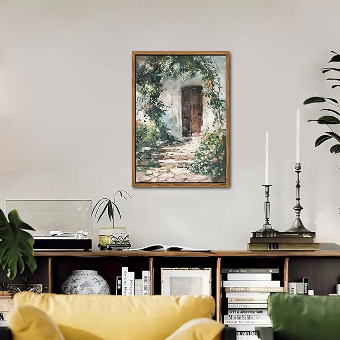 Floating Framed Canvas Vintage Wall Art, Rustic Cottage Spring Garden Oil Paintings Print, Country Floral Pictures Wall Decor for Living Room Bedroom Office Home Decor 16x24 inch