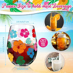 Sliner 2 Pack 17oz Summer Hawaiian Stemless Wine Glasses Aloha Stemless Wine Glass Luau Colorful Flowers Leaves Tumbler Cups for Hawaiian Tiki Party Supplies Birthday Gift