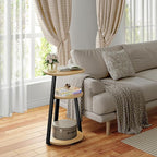 Side Table, Small End Table with Metal Frame, 3-Tier Bedside Tables, Round Side Tables for Living Room Bedroom Couch Bathroom, Oval, Modern Oak