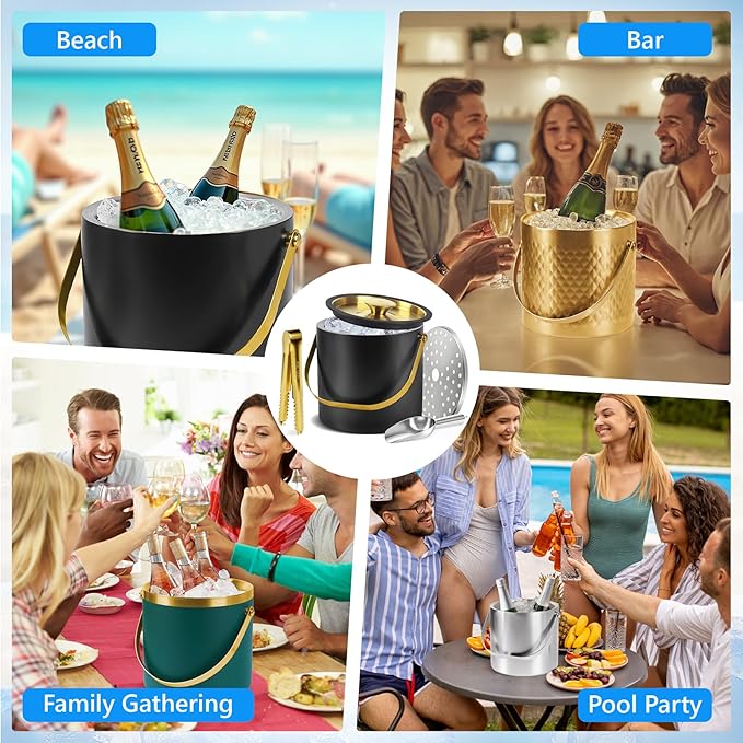 Ice Bucket, Ice Bucket with Silicone Sealing Ring Double-Wall Vacuum Insulation Champagne Buckets with Filter Layer Ice Tongs Ice Scoop (Silver, 3 L)