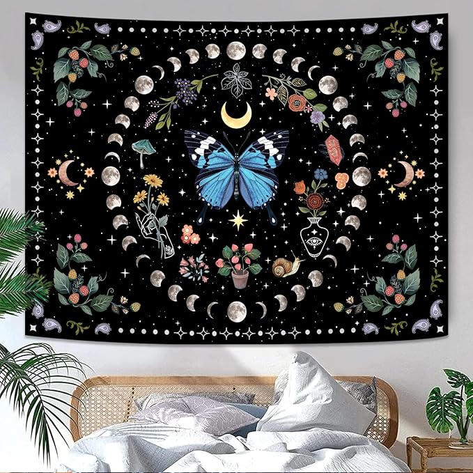 Aipon Blue Butterfly Moon Flower Tapestry Botanical Boho Plant Floral Wall Hanging for Bedroom and Living Room (36.00'' 48.00'', Blue)