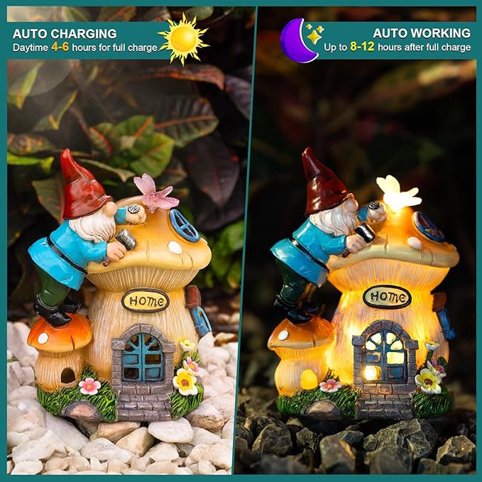 Garden Gnome Statues Figurine Lights - Solar Powered Lighting Outdoor Decorations, Gnome Build Mushroom Fairy House, Yard Art Lawn Ornaments for Porch Patio Balcony - Gnome Gifts for Women Mom