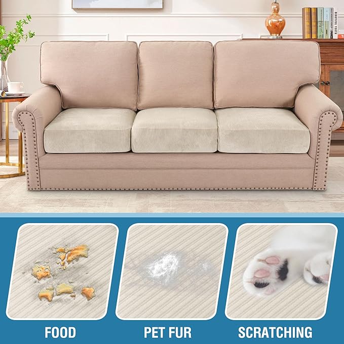 H.VERSAILTEX Velvet Stretch Couch Cushion Cover Plush Cushion Slipcover for Chair Loveseat Sofa Cushion Furniture Protector Seat Cushion Sofa Cover (3 Piece XL Sofa Cushion Covers, Ivory Striped)