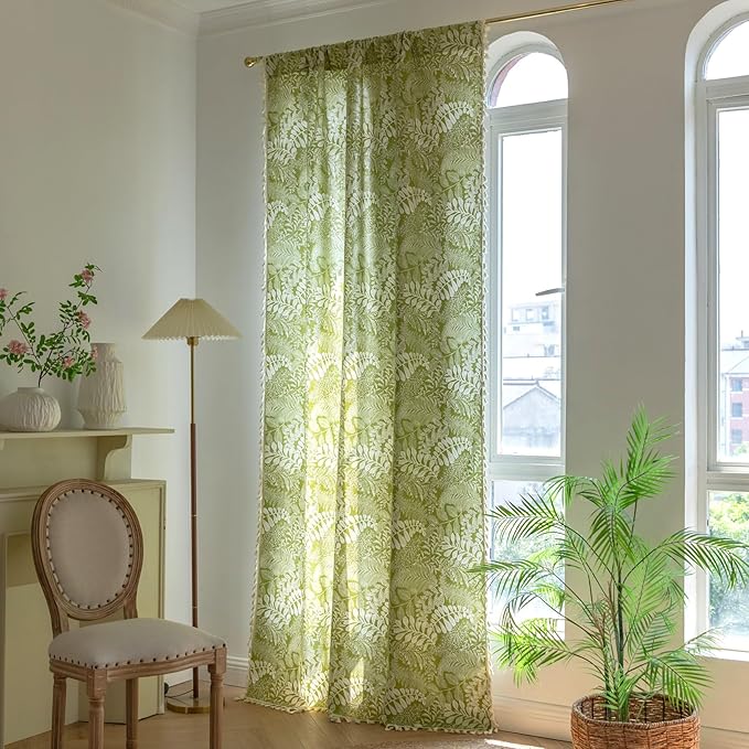 Sutuo Home Boho Curtains 84 Inches Length for Bedroom Living Room, Printed Cotton Linen Rod Pocket Rustic Farmhouse Bohemian Tassels Window Treatment, 1 Panel 59" W x 84" L, Green Botanic Leaves