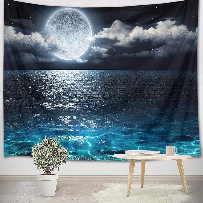 LB Night Sky Ocean Tapestry Full Moon on Sea Tapestry Wall Hanging Fantasy White Cloud Watercolor Wall Art for Bedroom Living Room Dorm Wall Decor, 59Wx51H inches