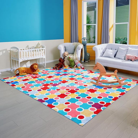 Machine Washable Polka Dot Rug for Kids Area - Multicolor Soft Rug for Nursery/Playroom/Classroom - 5x8