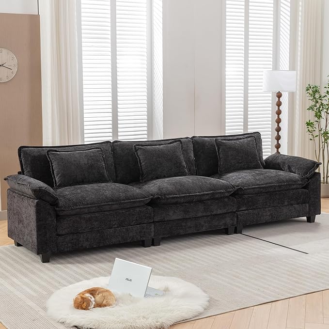 URRED Modular Sectional Sofa Comfy Cloud Couch, Modern Chenille Sofa Sleeper Deep Seat Couches with Ottoman/Pillows for Living Room (Black, 117'')