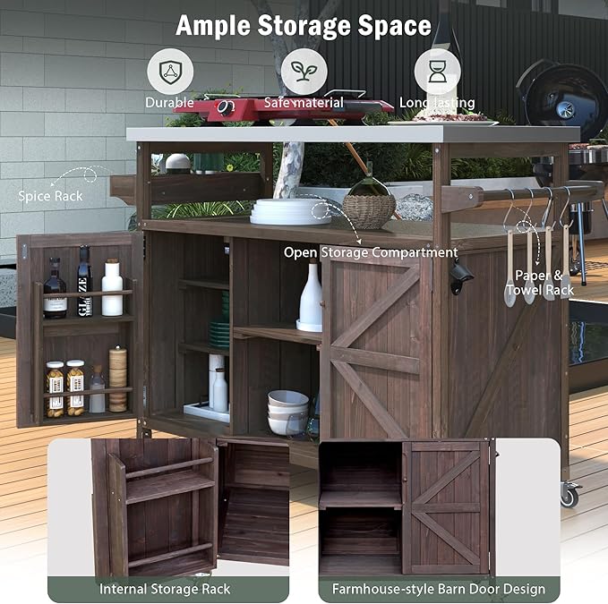 Farmhouse Solid Wood Grill Table with Stainless Steel Top, Outdoor Rolling Bar Cart & Storage Cabinet with Spice & Towel Rack, Outdoor Kitchen Island with Internal Storage Rack, Dark Brown