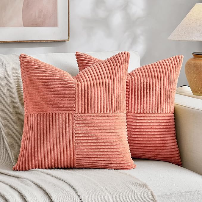 Fancy Homi 2 Packs Coral Decorative Throw Pillow Covers 16x16 Inch for Living Room Couch, Rustic Farmhouse Boho Home Decor, Soft Corss Patchwork Corduroy Textured Square Peach Cushion Case 40x40 cm