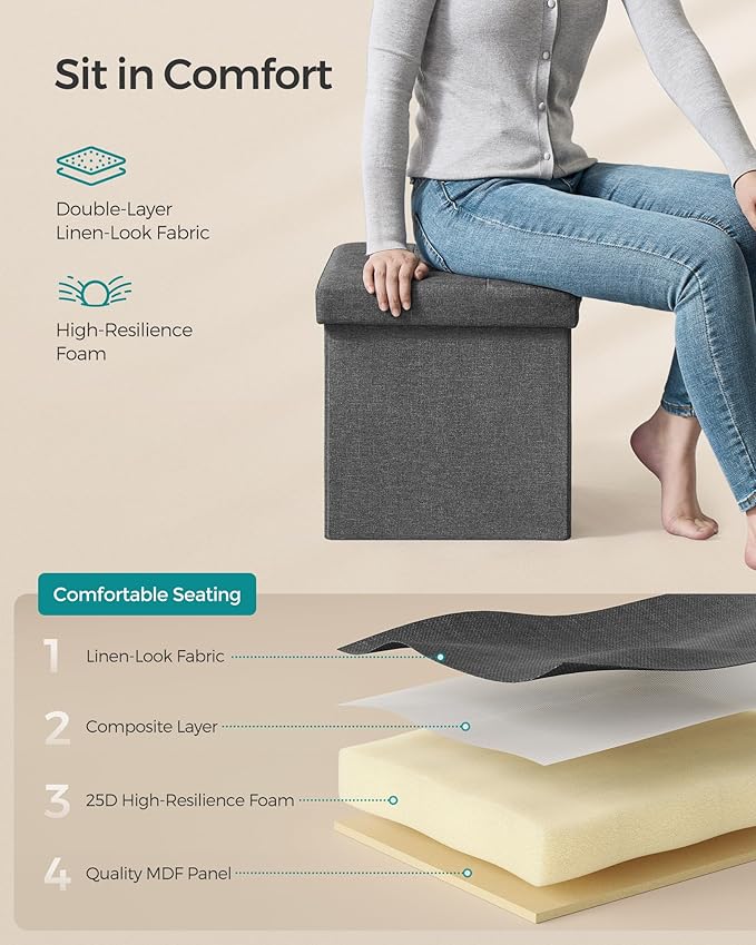 SONGMICS Folding Storage Ottoman Bench，38 x 38 x 38 cm， Ottoman Foot Rest, End of Bed Bench, Storage Chest, Load 300 kg, for Living Room, Bedroom, Entryway, Dorm, Dark Gray ULSF27Z