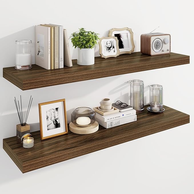 Marsmiles 39" Floating Shelves for Wall, Wooden Shelves with Invisible Brackets Set of 2, Rustic Farmhouse Wall Mounted Shelf for Kitchen Bathroom Living Room Study, Walnut