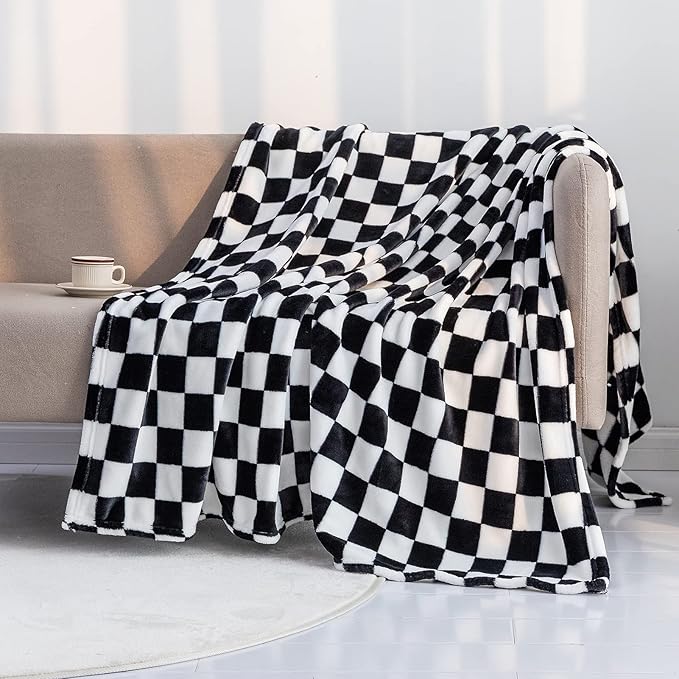 LOMAO Throw Blankets Flannel Blanket with Checkerboard Grid Pattern Soft Throw Blanket for Couch, Bed, Sofa Luxurious Warm and Cozy for All Seasons (Black, 60"x80")