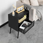 Lerliuo Rattan Nightstand, Side Table with Drawer Open Shelf, Cane Accent Bedside End Table with Solid Wood Legs, Mid Century Modern Night Stand for Bedroom, Dorm and Small Spaces (Black)