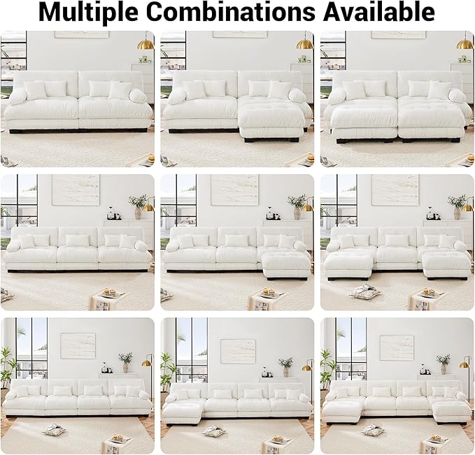 Loveseat Modular Sectional Sofa, Cloud Couch 2 Seater Sectional Couch Home Sofa Living Room Oversized Couch, Modern Deep Seat Couch with Chaise with Round Bolster Armrests 4 Pillows(White)