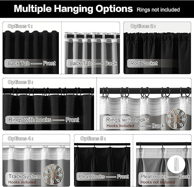 RAIN CITY Full Blackout Curtains Short 63 Inches Long, Bedroom Curtains for Home Decor, Back Tab Pleated Look Curtains with Hooks-50 x 63 Inch, Black Color