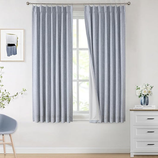 Vision Home Chambray Blue Full Blackout Curtains Pinch Pleated Room Darkening Window Curtains 72 inch for Living Room Bedroom Thermal Insulated Pinch Pleat Drapes with Hooks Back Tab 2 Panel 40"Wx72"L